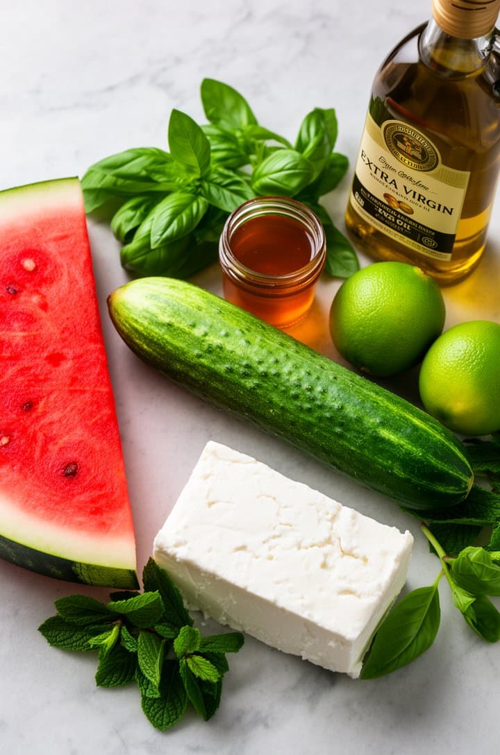 Overhead flat-lay of all watermelon feta salad ingredients arranged on a light gray marble countertop: a wedge of bright red watermelon, a block of white feta cheese, a whole English cucumber, fresh mint and basil sprigs, two limes, a small jar of honey, and a bottle of extra virgin olive oil. Bright, even natural lighting from a window above, clean styling with minimal props, professional food blog photography