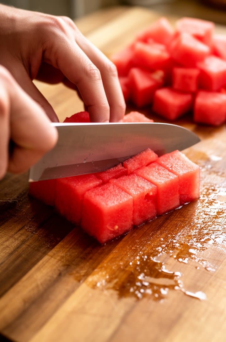 Close-up shot of hands using a sharp chef's knife to cut bright red seedless watermelon into neat 1-inch cubes on a large wooden cutting board, juice glistening on the cutting surface, a pile of already-cut cubes in the background, warm natural side lighting, shallow depth of field