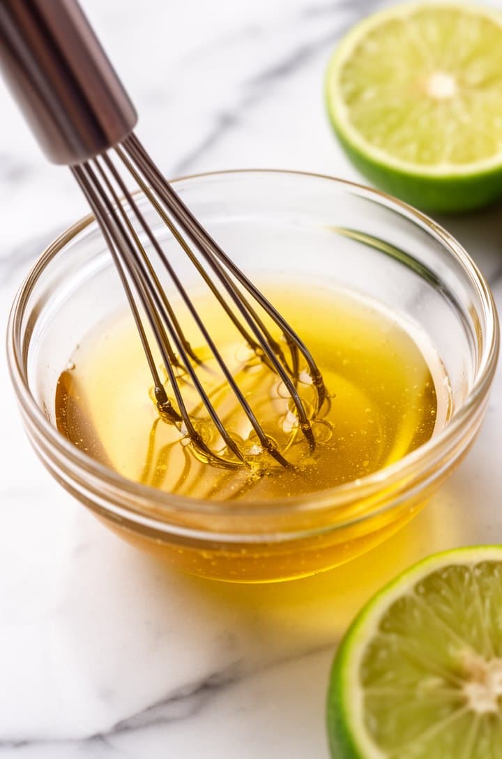 45-degree angle close-up of golden honey-lime dressing being whisked in a small clear glass bowl, showing the emulsified mixture of honey, lime juice, and olive oil coming together, spent lime halves nearby, bright kitchen lighting on a white marble surface