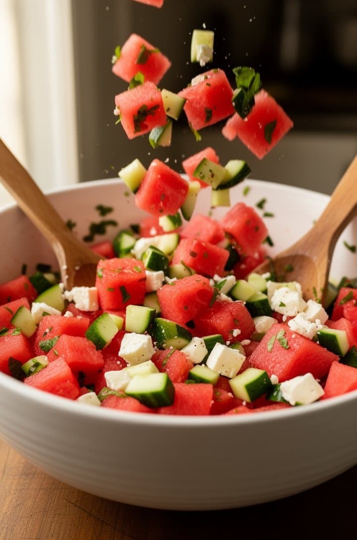 Side-angle shot of cubed watermelon and cucumber being gently tossed together in a large white ceramic serving bowl with wooden salad servers, chopped green herbs visible throughout, the salad mid-toss with pieces slightly airborne, natural light from the left creating soft shadows, kitchen background softly blurred
