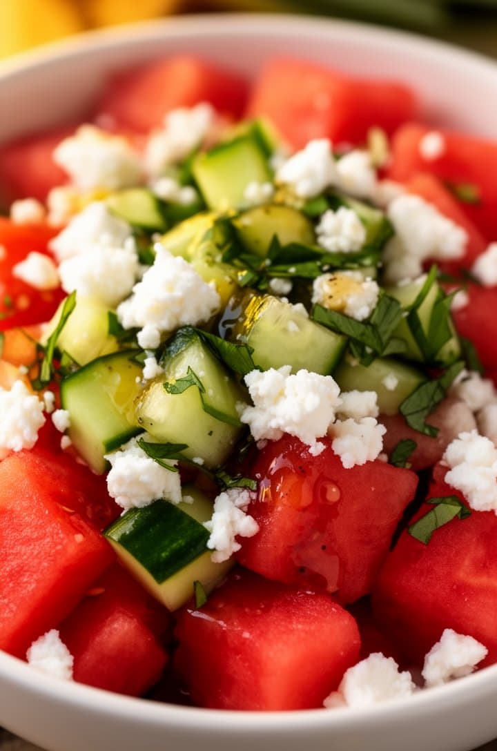 Extreme close-up overhead shot of the finished watermelon feta salad in a white bowl, camera 10 inches from the surface, showing the texture contrast between smooth red watermelon cubes, rough white feta crumbles, crisp green cucumber pieces, and delicate herb leaves. Dressing pooling between ingredients catches warm side light, rich saturated colors, professional macro food photography with shallow depth of field