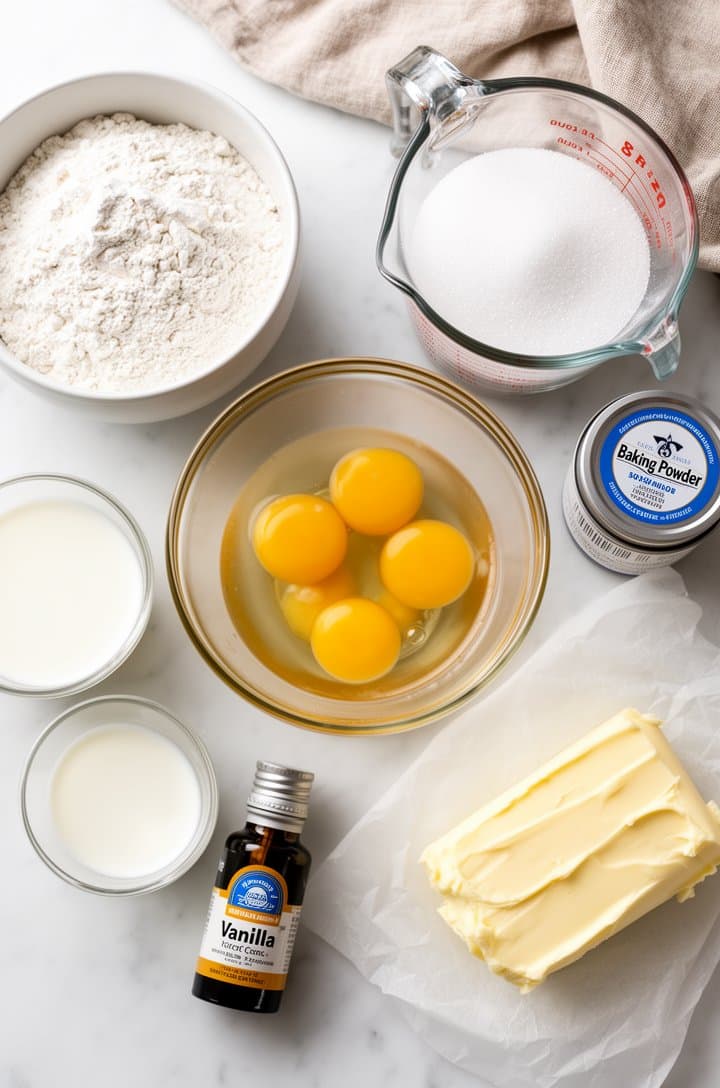 Overhead flat-lay of all white cake ingredients neatly arranged on a clean white marble surface — measured flour in a white bowl, sugar in a glass measuring cup, six egg whites in a clear glass bowl, softened butter on parchment, a small glass of milk, vanilla extract bottle, baking powder tin. Bright diffused natural light from above, minimal clean styling, a folded linen napkin in the corner, professional food blog photography
