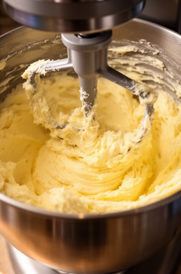 Close-up of creamy butter-sugar-oil mixture being beaten in a stand mixer bowl, pale yellow and fluffy with visible air incorporated, paddle attachment coated in batter, sides of stainless steel bowl showing scraped-down streaks, warm kitchen lighting from the left side, shot from a 45-degree angle about 10 inches away