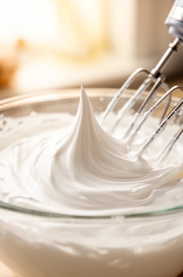 Side-angle close-up of stiff-peak egg whites in a large glass bowl, glossy white meringue holding its shape with sharp peaks pointing upward, hand mixer beaters resting on the rim of the bowl, bright airy kitchen background with creamy bokeh, natural side lighting highlighting the sheen of the whipped whites