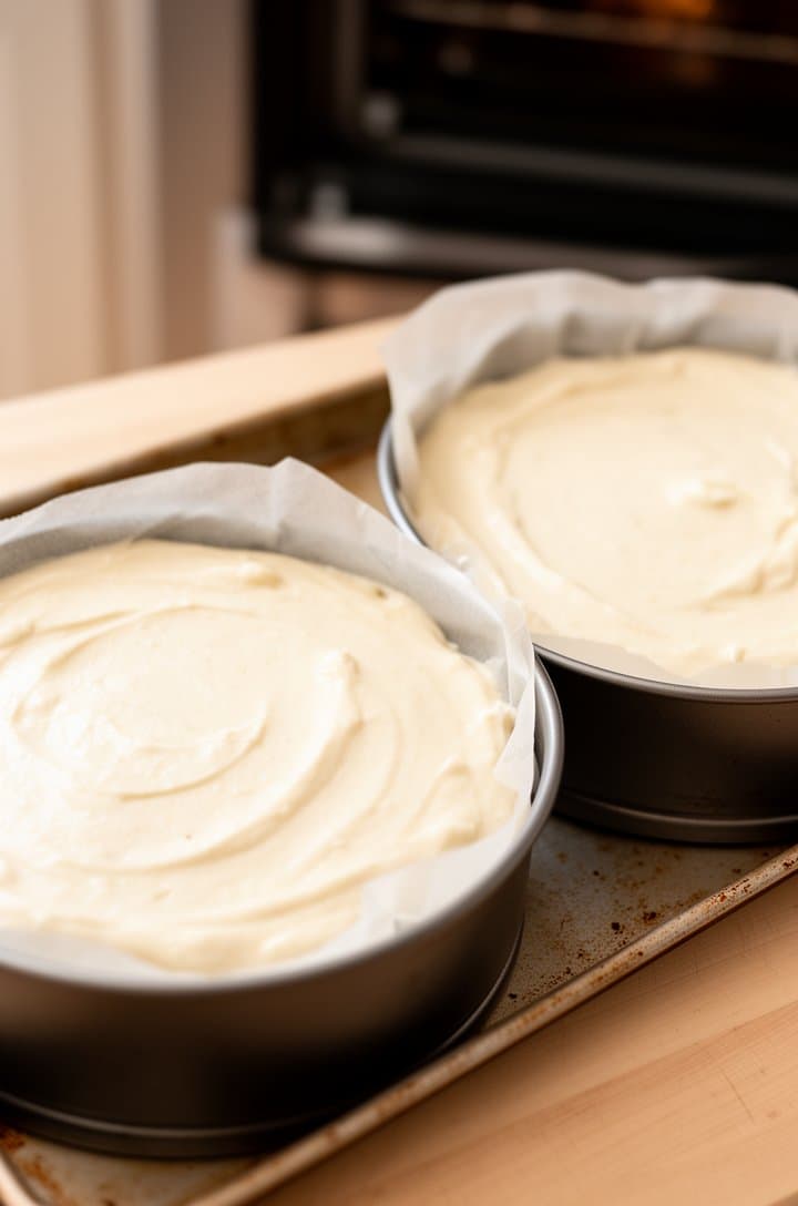 Overhead shot of two round 8-inch cake pans filled with pale white cake batter, smooth tops ready for the oven, parchment paper visible at the edges, pans sitting on a baking sheet on a light wood surface, oven visible in the soft blurred background, warm natural kitchen lighting