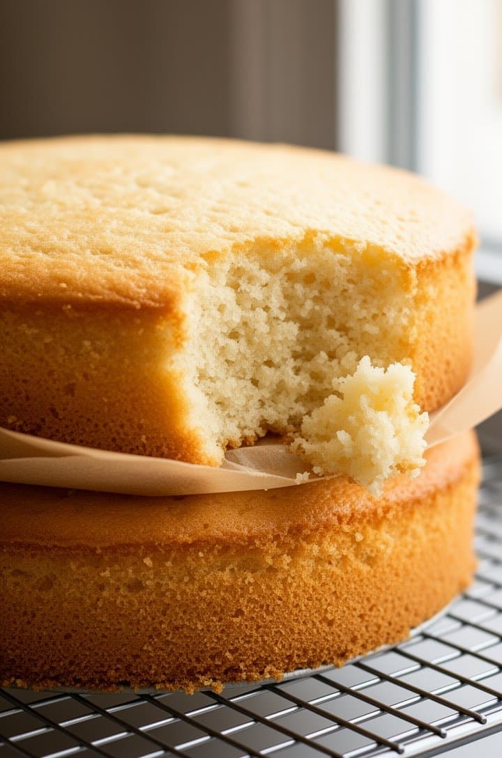 Close-up side view of two perfectly baked white cake layers cooling on a wire rack, showing the very light golden-brown tops, even rise with minimal doming, tender crumb visible where a small piece broke at the edge, parchment paper peeled back, soft natural lighting from a window to the right