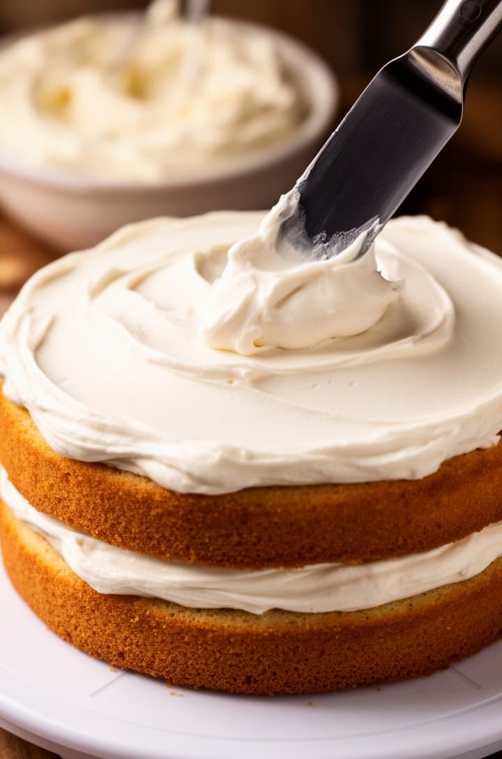 Macro close-up of an offset spatula spreading smooth white vanilla buttercream between two cake layers, the frosting thick and creamy with visible swirl marks from the spreading motion, bottom layer sitting on a white cake board, a bowl of buttercream blurred in the background, warm side lighting creating dimension in the frosting texture, shot from 8 inches away