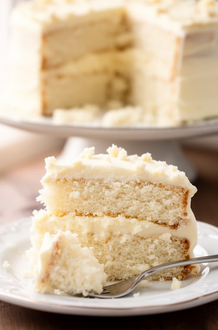 Extreme close-up of a finished slice of white cake on a delicate white plate, fork resting beside it with a bite taken showing the incredibly tender fluffy white crumb, buttercream layers clearly visible between the two cake layers, a few crumbs scattered artfully, soft dreamy natural light from the left with the rest of the cake on its stand blurred in the background